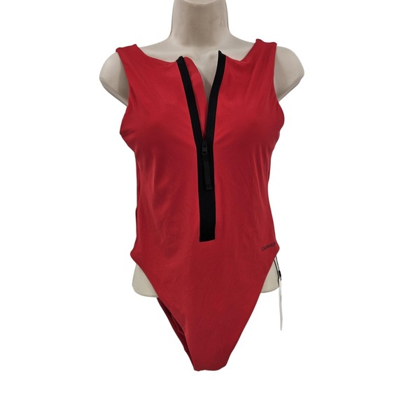 Calvin Klein Swimsuit Womens Small Red One Piece Zip Front Swimwear Logo New - Picture 1 of 13